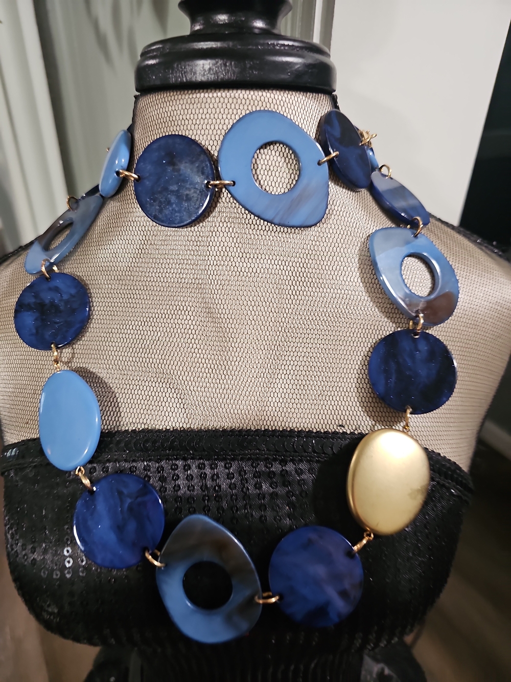 Blue Statement Resin Disc Necklace with Gold Accent